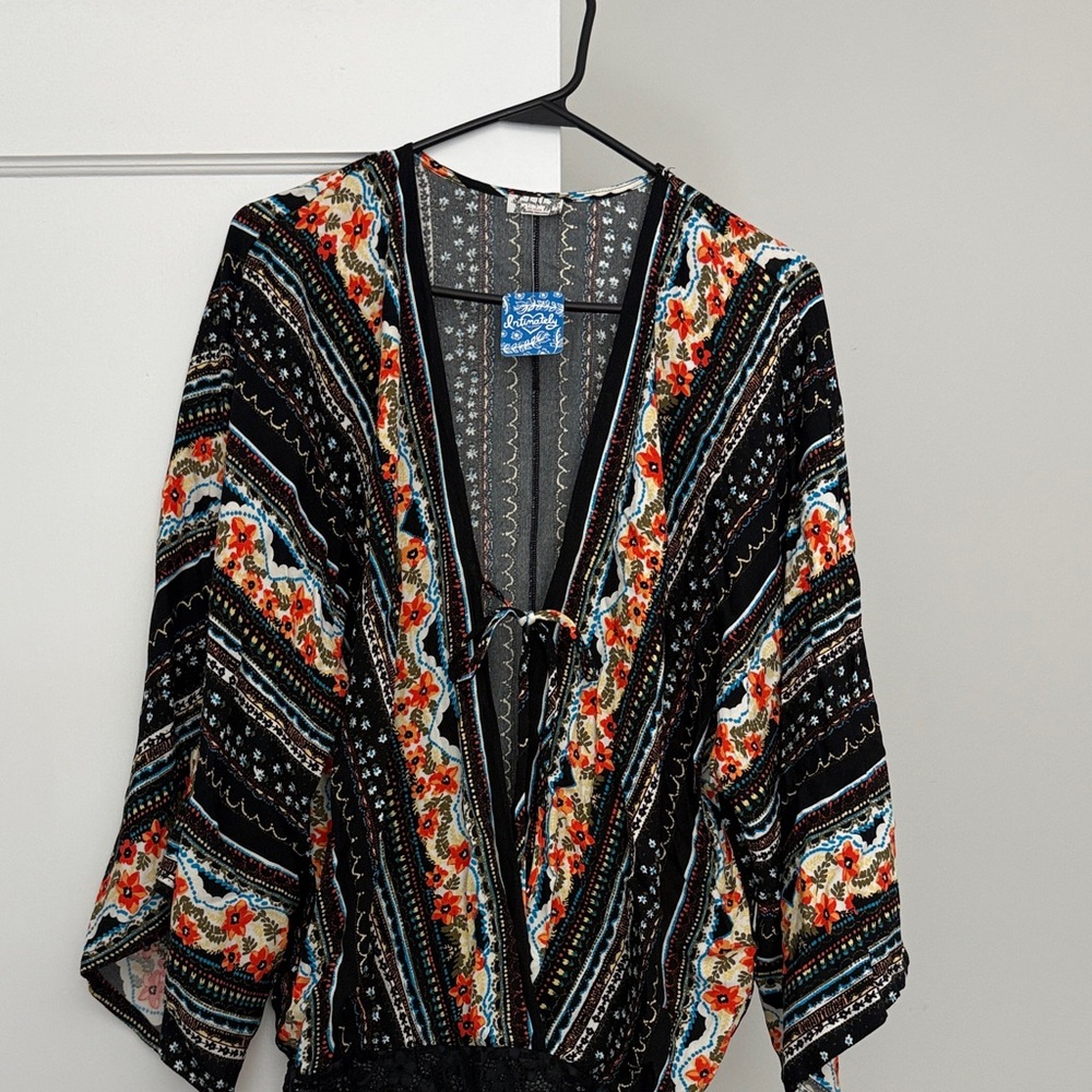 Free People Black Floral Striped V-Neck Tie Front Blouse